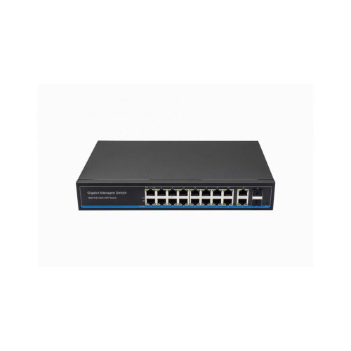 Управляемый L2 PoE коммутатор Gigabit Ethernet на 16 RJ45 PoE + 2 x RJ45 + 2 GE SFP портов. Порты: 16 x GE (10/100/1000 Base-T) с поддержкой PoE (IEEE 802.3af/at), 2 x GE (10/100/1000 Base-T) Uplink, 2 x GE SFP Uplink. Соответствует стандартам PoE IEEE 80