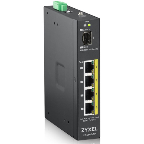 Коммутатор/ ZYXEL RGS100-5P, 5  Port unmanaged PoE Switch, 120 Watt PoE, DIN Rail, IP30, 12-58V DC