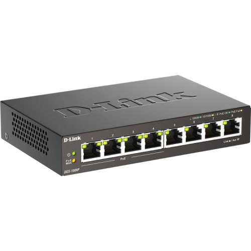 Коммутатор/ DGS-1008P/F1A Unmanaged Switch 8x1000Base-T (4x1000Base-T PoE), PoE Budget 80W, metal case