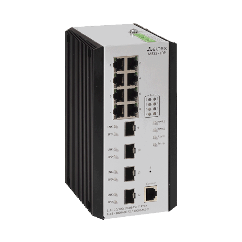 Ethernet-коммутатор MES3710P, 8 портов 10/100/1000BASE-T (PoE/PoE+), 4 порта 100BASE-FX/1000BASE-X (SFP)