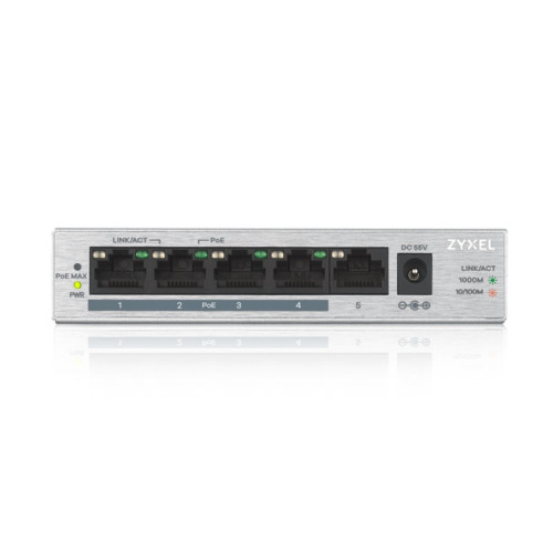 Коммутатор/ ZYXEL GS1005HP Switch PoE +, 5xGE (4xPoE +), desktop, metal, silent, PoE budget 60 W