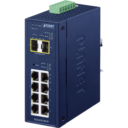 коммутатор/ PLANET IGS-4215-8T2S IP30 Industrial L2/L4 8-Port 10/100/1000T + 2-Port 100/1000X SFP Managed Switch (-40~75 degrees C, dual redundant power input on 9~48VDC/24VAC terminal block, supports ERPS Ring, CloudViewer app, MQTT and Cybersecurity fea