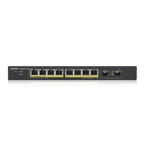 Коммутатор/ Smart L2 PoE+ Switch Zyxel GS1900-10HP, 8xGE PoE+, 2xSFP, Desktop, Silent, Budget PoE 77W