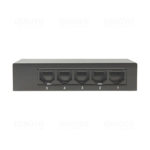 Коммутатор неуправляемый/ OSNOVO Неуправляемый коммутатор Fast Ethernet на 5 портов. Порты: 5 x FE (10/100Base-TX). Auto MDI/MDIX Встроенная грозозащита 2кВ. В комплекте БП DC12V(1A). Размеры (ШхВхГ): 100 x 23 x 65мм. Рабочая температура: 0...+40 гр. С.