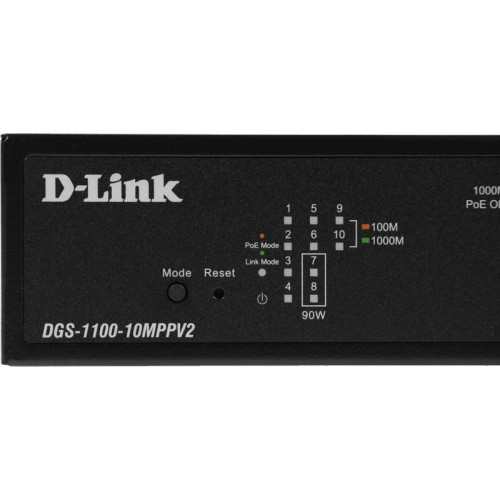 Коммутатор D-Link DGS-1100-10MPPV2/A (L2) 8x1Гбит/с 2SFP 8PoE+ 242W настраиваемый