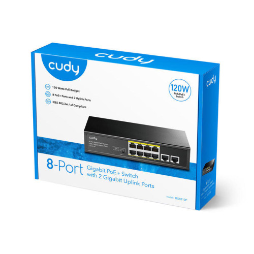 Коммутатор/ 8 RJ-45 10/100/1000M PSE ports +2 RJ45 10/100/1000  Uplink Port Unmanaged PoE+ Switch 120W, CCTV/VLAN mode support, long distance:250M at CCTV mode.  802.3af/at standard,  Aternative 1/2(+),3/6(-), Rack-mountable Steel Case, Watchdog, 120W int
