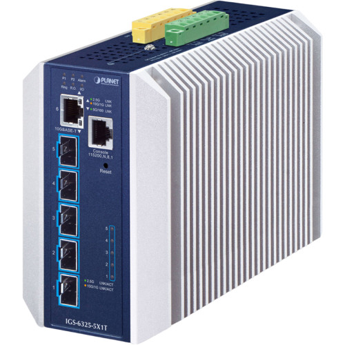 коммутатор/ PLANET IP30 Industrial L3, 5-Port 10GBASE-X SFP+ + 1-Port 10GBASE-T Full Managed Ethernet Switch (-40 to 75 C, dual redundant power input on 9~48VDC terminal block, DIDO, ERPS Ring, 1588 PTP TC, Modbus TCP, Cybersecurity features, Layer 3 RIPv