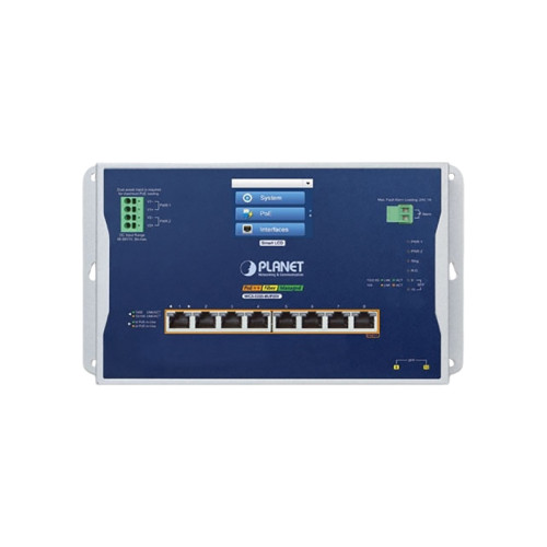 коммутатор/ PLANET WGS-5225-8UP2SV IP30, IPv6/IPv4, L2+ 8-Port 10/100/1000T 802.3bt PoE + 2-Port 1G/2.5G SFP Wall-mount Managed Switch with LCD touch screen (-20~70 degrees C, Max. 720W PoE budget, dual power input on 48-54VDC terminal block, 200m Extend 