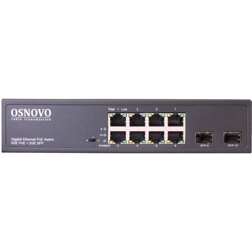 Коммутатор/ OSNOVO Гигабитный PoE коммутатор на 10 портов, 8 *10/100/1000 Base-T PoE, 2*SFP 1000 Base-T, PoE на порт до 30W, суммарно до 150W