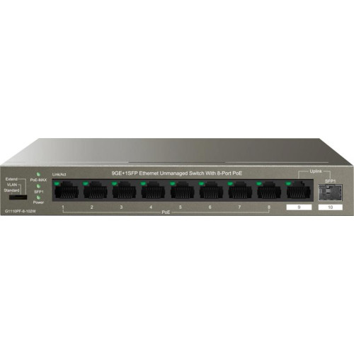 Коммутатор IP-Com G1110PF-8-102W (L2) 9x1Гбит/с 1xКомбо(1000BASE-T/SFP) 1SFP 8PoE 92W неуправляемый