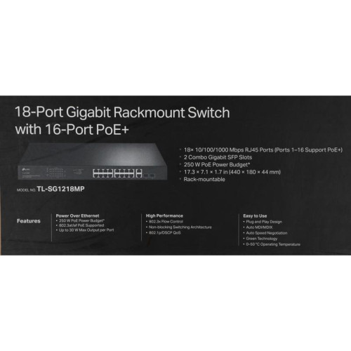 Коммутатор TP-Link TL-SG1218MP (L2) 18x1Гбит/с 2xКомбо(1000BASE-T/SFP) 16PoE+ 250W неуправляемый