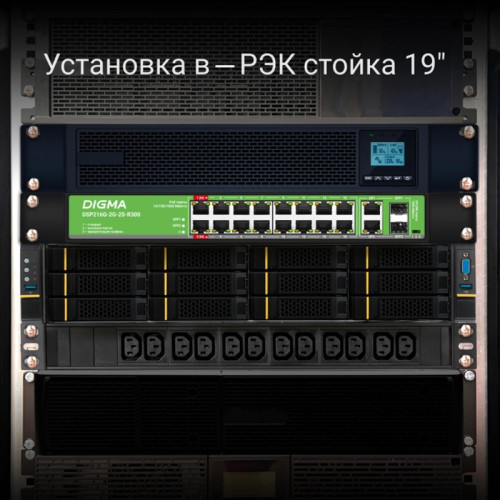 Коммутатор Digma DSP216G-2G-2S-R300 (L2) 18x1Гбит/с 2SFP 16PoE 16PoE+ 2PoE++ 300W неуправляемый
