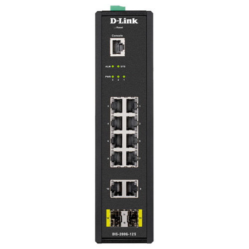 Коммутатор/ DIS-200G-12S Managed L2 Industrial Switch 10x1000Base-T, 2x1000Base-X SFP, Surge 6KV, CLI, RJ45 Console, Alarm relay, Dying Gasp, DIN-Rail, metal case IP30, -40 to 65°C, w/o power adapter