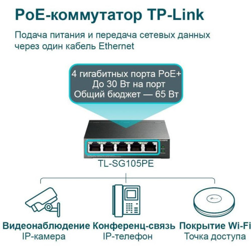 Коммутатор TP-Link TL-SG105PE (L2) 5x1Гбит/с 4PoE+ 65W управляемый