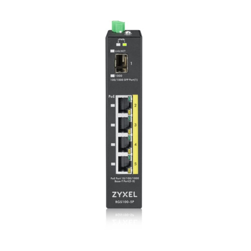 Коммутатор/ ZYXEL RGS100-5P, 5 Port unmanaged PoE Switch, 120 Watt PoE, DIN Rail, IP30, 12-58V DC Коммутатор/ ZYXEL RGS100-5P, 5 Port unmanaged PoE Switch, 120 Watt PoE, DIN Rail, IP30, 12-58V DC