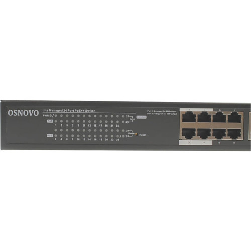 Коммутатор управляемый/ OSNOVO Web-управляемый PoE коммутатор Gigabit Ethernet на 28 портов. Порты: 4 x GE (10/100/1000Base-T) с PoE (до 90W, A+B) + 20 x GE (10/100/1000 Base-T) с PoE (до 30W) + 2 x GE Combo (1000BASE-T/1000Base-X) + 2 х GE (10/100/1000 B