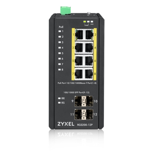 Коммутатор/ ZYXEL RGS200-12P, 12 Port managed PoE Switch, 240 Watt PoE, DIN Rail, IP30, 12-58V DC