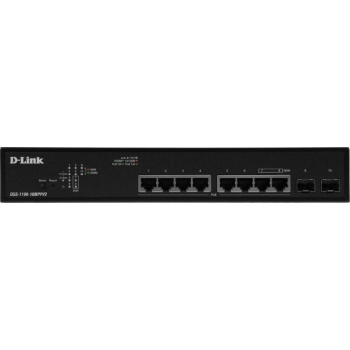 Коммутатор D-Link DGS-1100-10MPPV2/A (L2) 8x1Гбит/с 2SFP 8PoE+ 242W настраиваемый