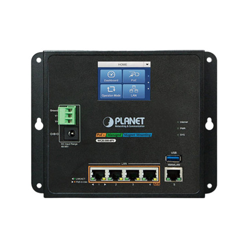 коммутатор/ PLANET WGR-500-4PV IP30 Industrial Wall-mount Gigabit Router with 4-Port 802.3at PoE+ and LCD Touch Screen(120W PoE Budget, dual power input on 48-56VDC terminal block and power jack, -10~60 degrees C, Hardware NAT, IPv6)