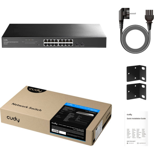 Коммутатор/ 16-Port Gigabit Light Managed Switch, 16 Gigabit RJ45 Ports, 2 Gigabit SFP ports, VLAN/Extend working mode DIP switch, Local management via Web GUI, support STP/RSTP, 802.1ab LLDP, Loop Detection, QoS, VLAN, SNMP, IGMP Snooping, DHCP Snooping,
