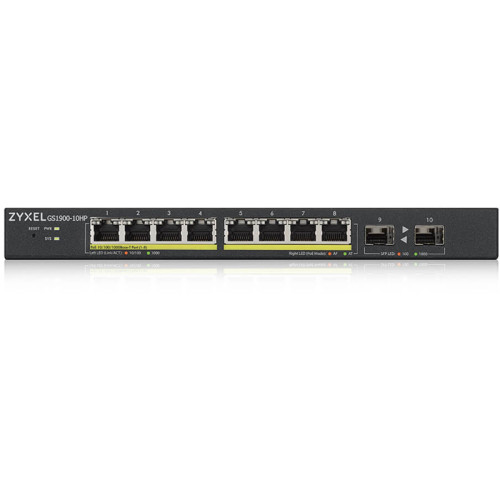 Коммутатор/ Smart L2 PoE+ Switch Zyxel GS1900-10HP, 8xGE PoE+, 2xSFP, Desktop, Silent, Budget PoE 77W