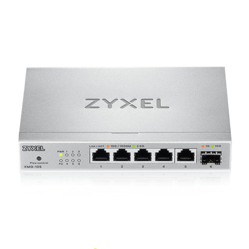 Коммутатор/ Мультигигабитный PoE++ коммутатор Zyxel XMG-105HP, 5xRJ-45: 1/2.5G (4 из них PoE++), 1xSFP+, настольный, бесшумный, бюджет PoE 70 Вт Коммутатор/ Мультигигабитный PoE++ коммутатор Zyxel XMG-105HP, 5xRJ-45: 1/2.5G (4 из них PoE++), 1xSFP+, настольный, бесшумный, бюджет PoE 70 Вт
