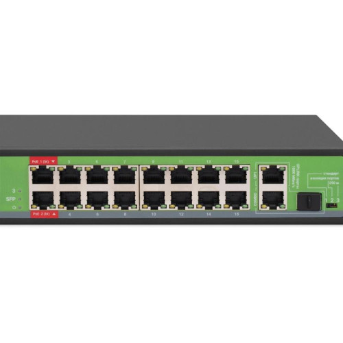Коммутатор Digma DSP216F-1G-1C-R300 (L2) 16x100Мбит/с 1x1Гбит/с 1xКомбо(1000BASE-T/SFP) 16PoE 16PoE+ 2PoE++ 300W неуправляемый