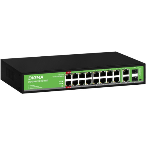 Коммутатор Digma DSP216G-2G-2S-R300 (L2) 18x1Гбит/с 2SFP 16PoE 16PoE+ 2PoE++ 300W неуправляемый