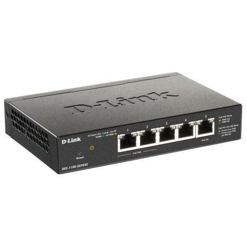 Коммутатор D-Link DGS-1100-05PDV2 5x1Гбит/с 2PoE 18W настраиваемый