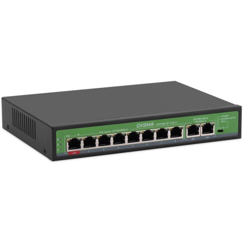 Коммутатор Digma DSP208F-2F-T120 DSP208F-2F-T120 V1 (L2) 10x100Мбит/с 8PoE 8PoE+ 120W неуправляемый