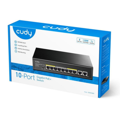 Коммутатор/ 8 RJ-45 10/100/1000M PSE ports +2 RJ45 10/100/1000 Uplink Port Unmanaged PoE+ Switch 120W, 802.3af/at standard,Alternative 1/2(+),3/6(-), Steel Case, Watchdog, 120W internal Коммутатор/ 8 RJ-45 10/100/1000M PSE ports +2 RJ45 10/100/1000 Uplink Port Unmanaged PoE+ Switch 120W, 802.3af/at standard,Alternative 1/2(+),3/6(-), Steel Case, Watchdog, 120W internal