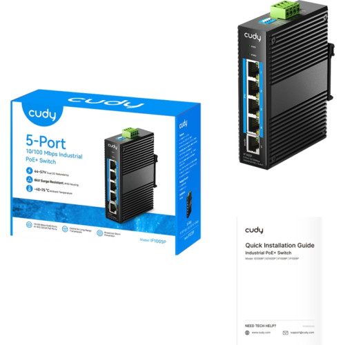Промышленный коммутатор/ 5-Port 10/100M Aluminum Industrial PoE+ Switch, 4 10/100M Ports, 1 10/100M Uplink Ports, 802.3at/af, Din-rail design, Power supply: DC 9.6~57V, work temperature:-40°C-75°C, Power Adapter Not Included