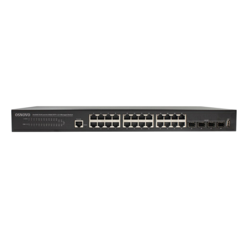 Коммутатор/ OSNOVO Управляемый L2+ коммутатор Gigabit Ethernet на 28 портов. Порты: 24 x GE (10/100/1000Base-T) + 4 x 1G/10G SFP+ Uplink. Консольный порт, Уровень управления L2+. Поддержка Jumbo Frame 12K, IGMP Snooping, DHCP-сервер, статическая маршрутиз