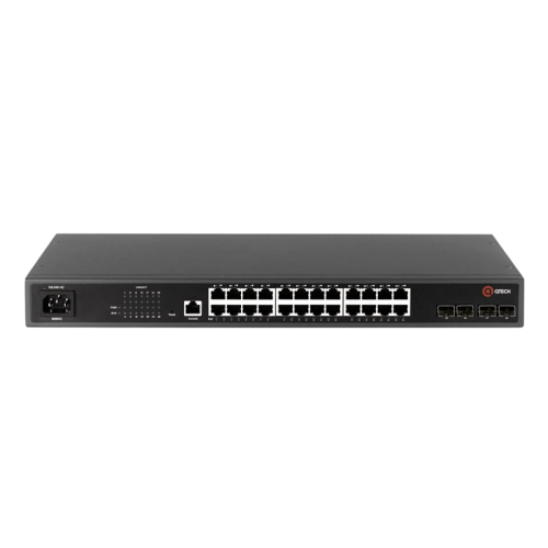 Коммутатор/ Управляемый коммутатор уровня L2+ с поддержкой PoE 802.3af/at, 24 порта 10/100/1000BASE-T PoE, 4 порта 100/1000BASE-X SFP, 4K VLAN, 16K MAC адресов, консольный порт, встроенный БП разъем питания на задней панели, 100-240В AC, размеры ШхГхВ (44