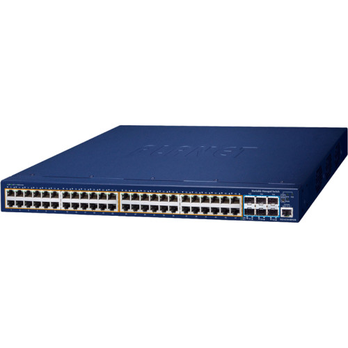 коммутатор/ PLANET Layer 3 48-Port 10/100/1000T 802.3at PoE + 6-Port 10G SFP+ Stackable Managed Switch (AC 370W, AC+DC 740W PoE budget, Hardware stacking up to 8 units, hardware-based Layer 3 IPv4/IPv6 Routing and VRRP, supports ERPS Ring)