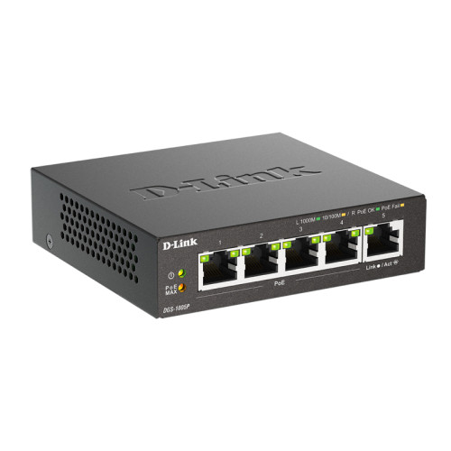 Коммутатор/ Неуправляемый PoE-коммутатор, 5x1000Base-T (4x1000Base-T PoE), PoE-бюджет 60 Вт, корпус металл