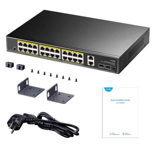 Коммутатор/ 24-10/100/1000 BASE-T Gigabit ports, 2-Port 10/100/1000 BASE-T Gigabit Uplink ports, 2-1000 BASE-X SFP Slot, 24-port IEEE 802.3at PoE+ Injector, 300 watts total Power budget, Supports PoE power up to 30W for each PoE port, Extend Mode (Transmi