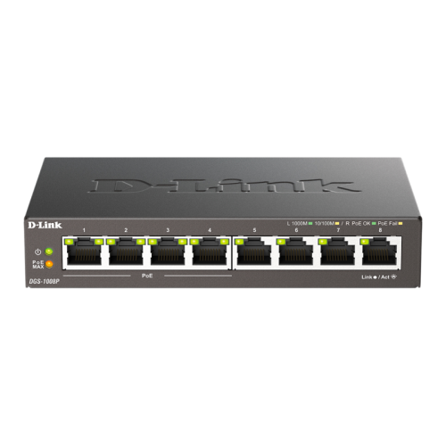Коммутатор/ PoE-коммутатор, 8x1000Base-T (4x1000Base-T PoE), PoE-бюджет 60 Вт, корпус металл