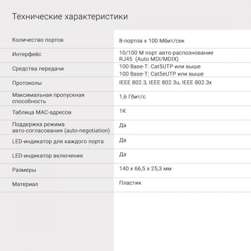 Коммутатор Digma DSW-308FE (L2) 8x100Мбит/с неуправляемый