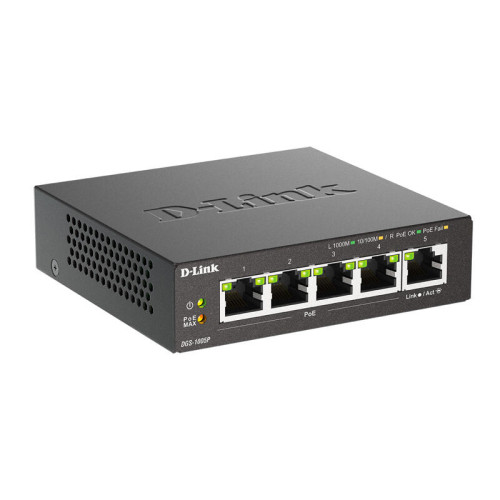 Коммутатор/ Неуправляемый PoE-коммутатор, 5x1000Base-T (4x1000Base-T PoE), PoE-бюджет 60 Вт, корпус металл