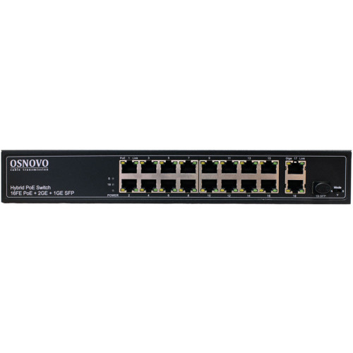 OSNOVO PoE коммутатор FE, 16 *10/100 Base-T с PoE, 2 x GE Uplink (RJ45), 1 x GE SFP Uplink, мощность PoE на порт до 30W, суммарно PoE до 292W
