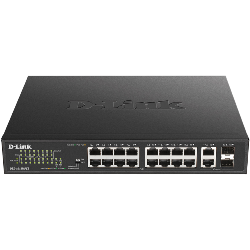 Коммутатор/ DES-1018MPV2,DES-1018MPV2/A1A Unmanaged Switch 16x100Base-TX PoE, 2xCombo 1000Base-T/SFP, PoE Budget 247W, Long-range PoE up to 250m, metal case