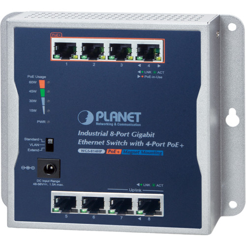 коммутатор/ PLANET WGS-814HP P30 Industrial 8-Port 10/100/1000T Wall-mount Gigabit Switch with 4-Port 802.3at PoE+ (60W PoE Budget, Standard/VLAN/Extend mode, fanless, -20 to 60 C),54V 72W AC power adapter included