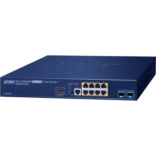 коммутатор/ PLANET GS-6320-8P2X L3 8-Port 10/100/1000T 802.3at PoE + 2-Port 10G SFP+ Managed Switch (120W PoE Budget, 200m Extend mode, ERPS Ring, ONVIF, CloudViewer app, MQTT, Cybersecurity features, Hardware Layer 3 RIPv1/v2, OSPFv2/v3 dynamic routing, 