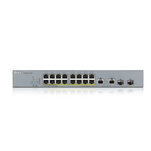Коммутатор/ ZYXEL GS1350-18HP L2 PoE + switch for IP cameras, 16xGE PoE +, 2xCombo (SFP / RJ-45), PoE budget 250 W, power transmission distance up to 250 m, auto-reloading of PoE ports, increased protection against overvoltage and electrostatic discharges