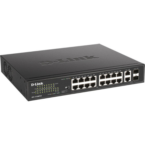 Коммутатор/ DES-1018MPV2/E Unmanaged Switch 16x100Base-TX PoE, 2xCombo 1000Base-T/SFP, PoE Budget 247W, Long-range PoE up to 250m, metal case Коммутатор/ DES-1018MPV2/E Unmanaged Switch 16x100Base-TX PoE, 2xCombo 1000Base-T/SFP, PoE Budget 247W, Long-range PoE up to 250m, metal case