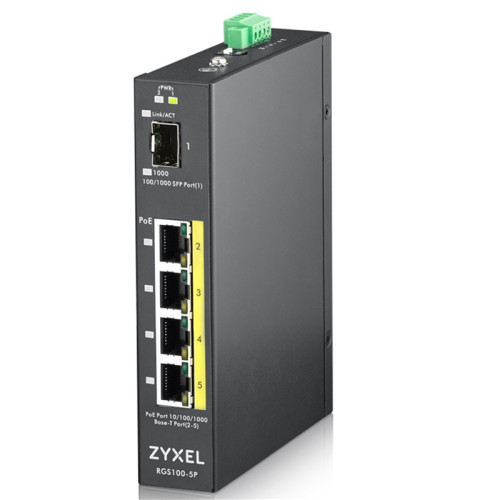 Коммутатор/ ZYXEL RGS100-5P, 5  Port unmanaged PoE Switch, 120 Watt PoE, DIN Rail, IP30, 12-58V DC