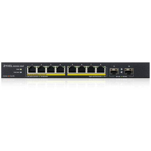 Zyxel GS1100-10HP 8xGE PoE+ 2xSFP PoE+ Switch Desktop Silent 130W PoE Budget Kensigton lock