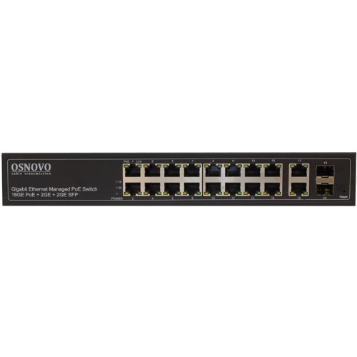 Коммутатор/ OSNOVO Управляемый L2 PoE коммутатор Gigabit Ethernet на 16 RJ45 PoE + 2 x RJ45 + 2 GE SFP портов, до 30W на порт, суммарно до 300W