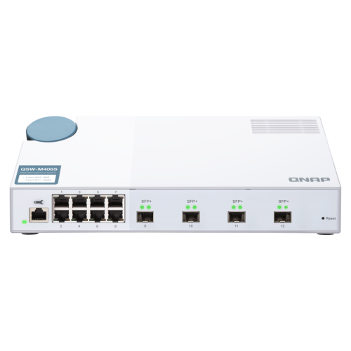 Коммутатор/ QNAP QSW-M408S 10 Gbps managed switch with 4 SFP + ports, 8 1 Gbps RJ-45 ports, bandwidth up to 96 Gbps, JumboFrame support.